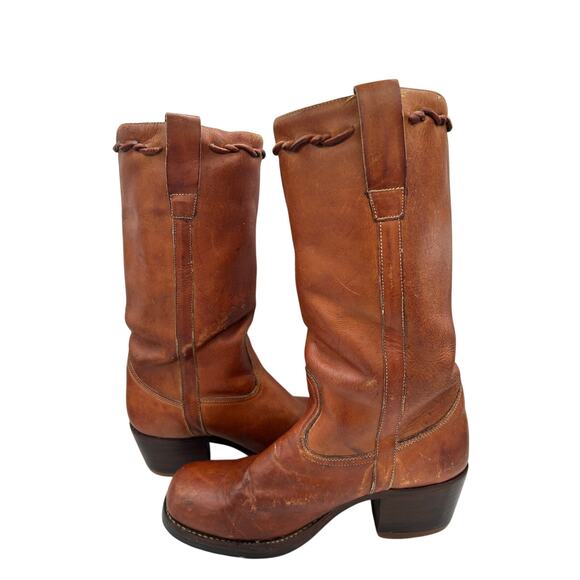 VTG CAMPUS BOOT Braided  Square Toe Western Camel Brown Leather Men\'s Size 9.5